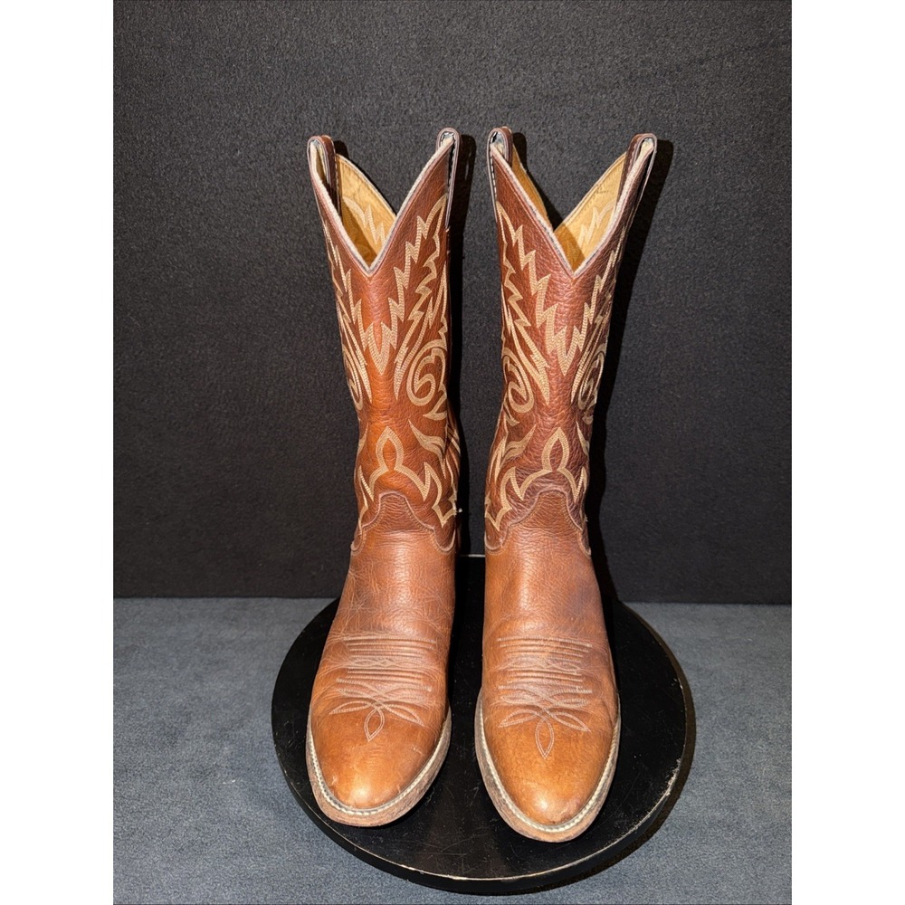 Justin Boots Brown Embroidered Round Toe Made In The USA Mens Boots Size 9 1/2